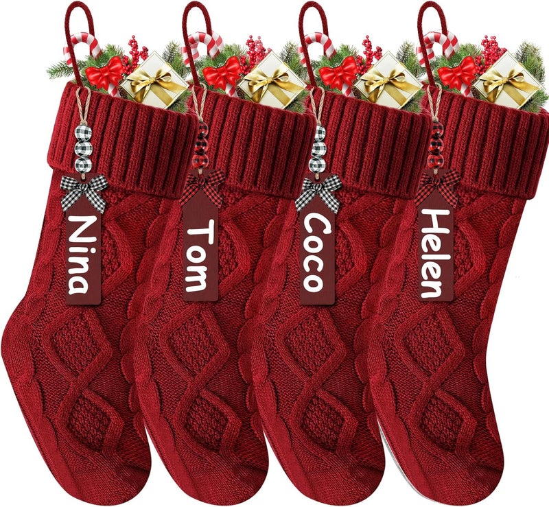 Doitory Store Christmas Stockings 18 Inches,Long Knitted Stocking with Name Tags, Christmas Decoration Hanging Stockings Fireplace Xmas Tree Ornaments for Home Family - Image 1